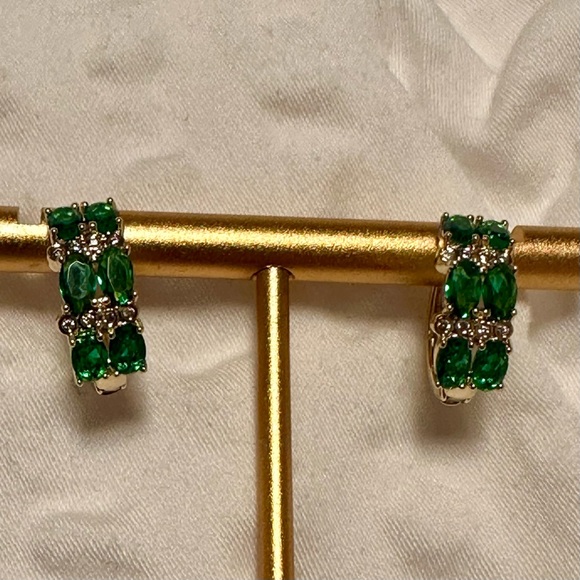 14K Gold Filled Green CZ Oval Huggie Earrings | Emerald Look Hoops - Picture 7 of 9
